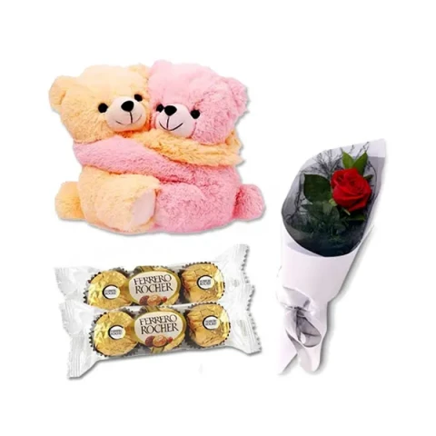 Twin Bear W/ 1 Piece Rose & Chocolate